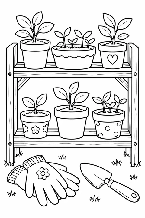 Pots of young plants sit on a wooden shelf above garden gloves and a trowel.