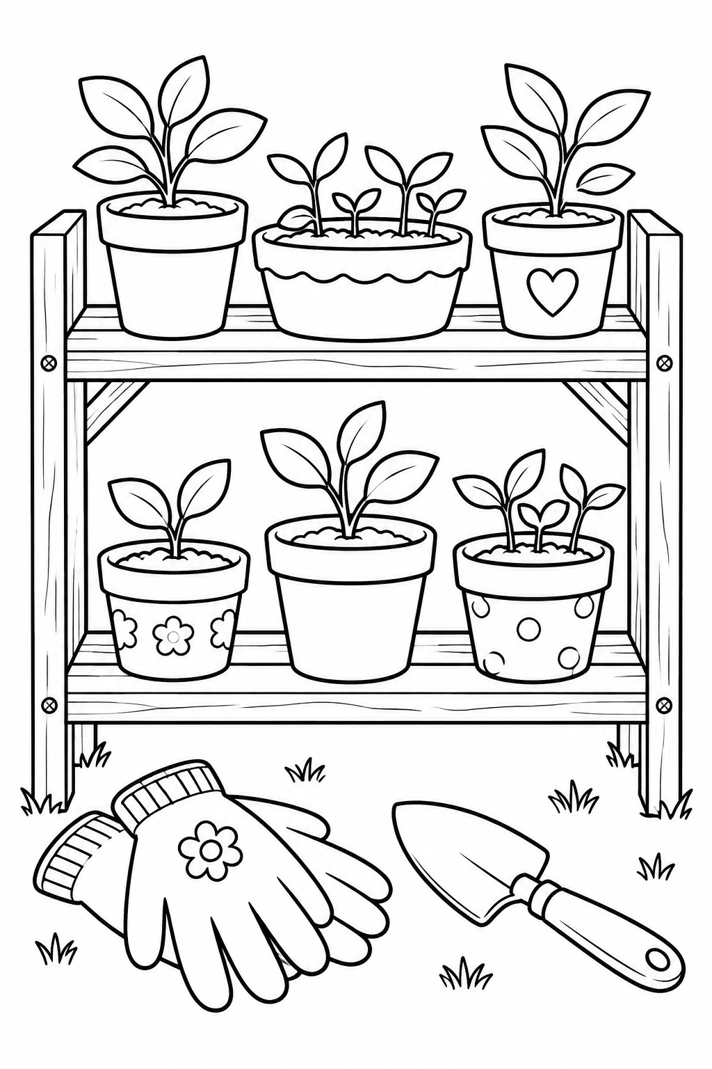Des pots de jeunes plantes reposent sur une étagère, au-dessus de gants et d’une pelle.