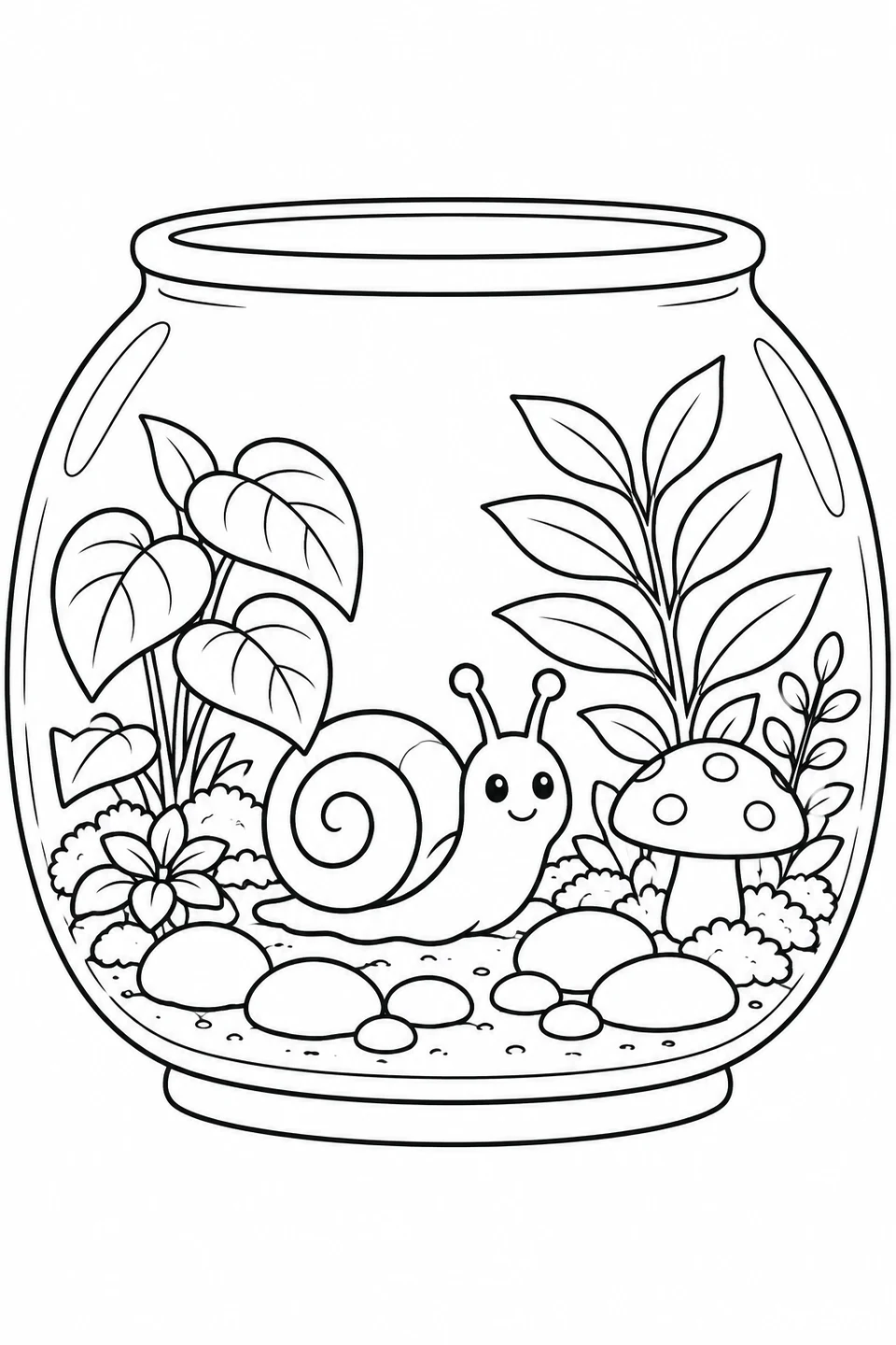 A friendly snail explores a glass garden with plants, pebbles and a mushroom.