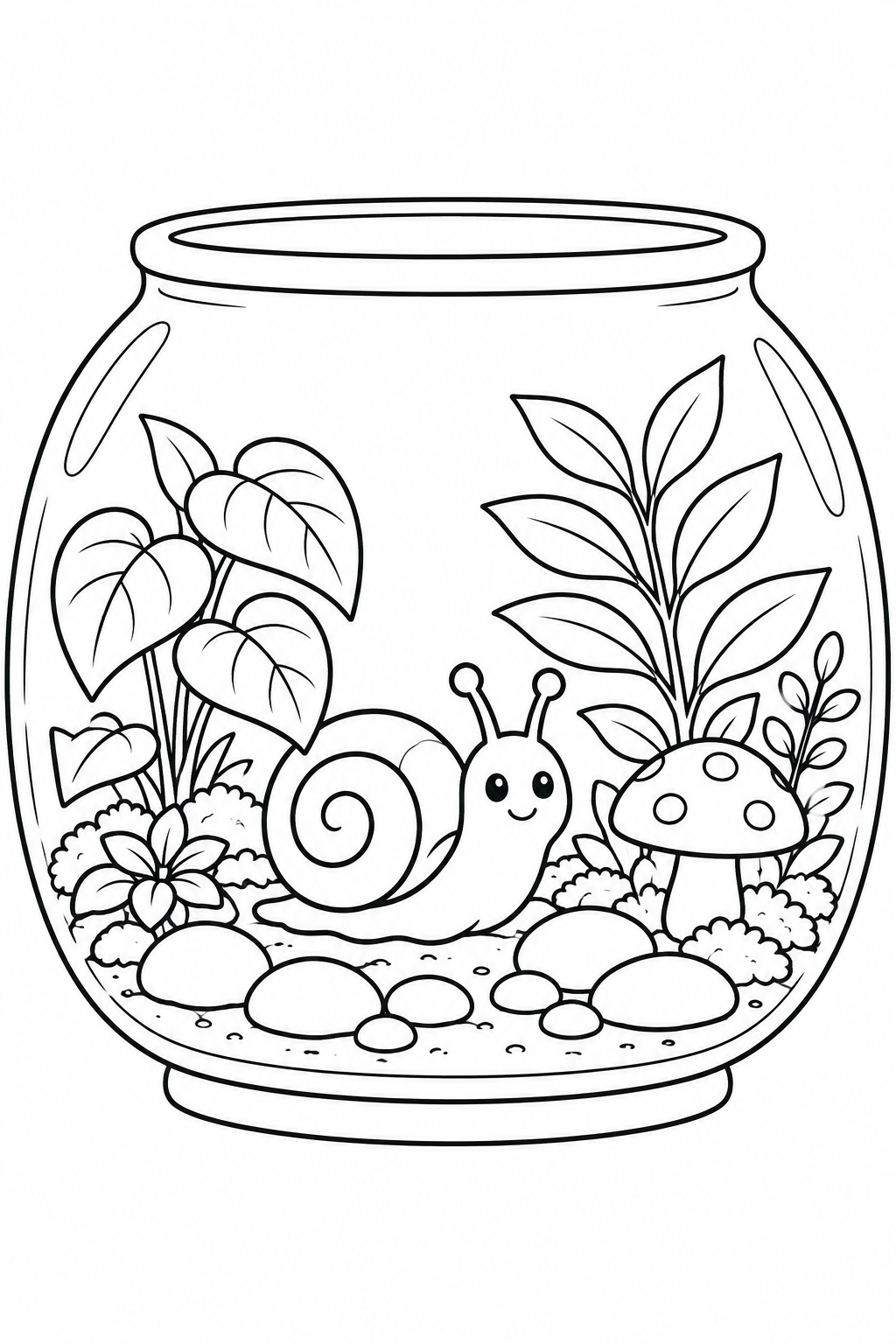 A friendly snail explores a glass garden with plants, pebbles and a mushroom.