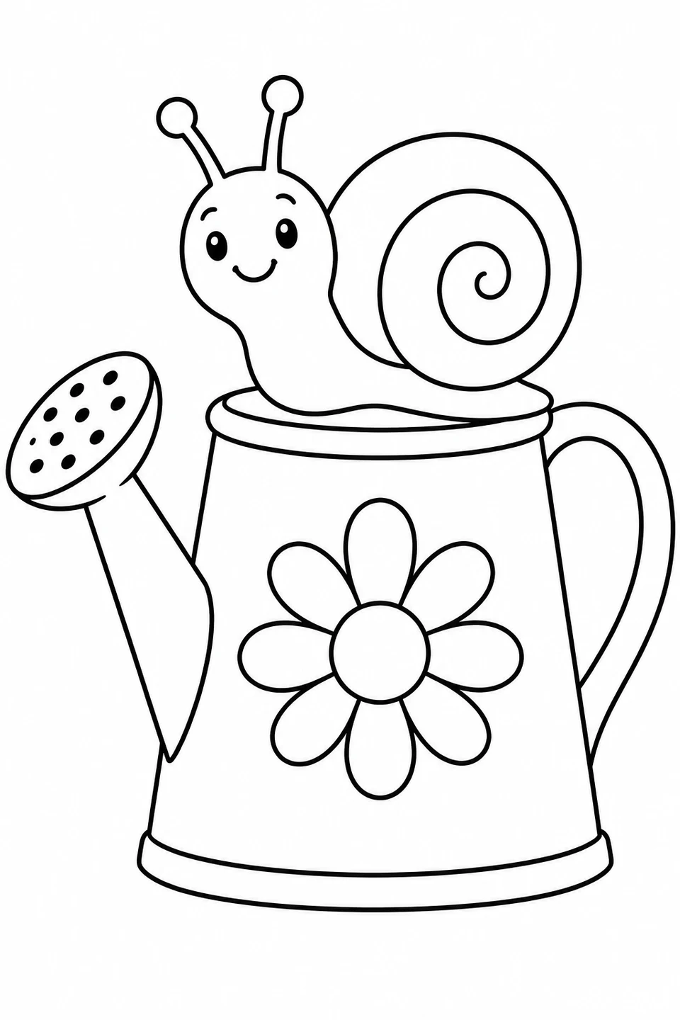A cheerful snail rests on a watering can decorated with a daisy.