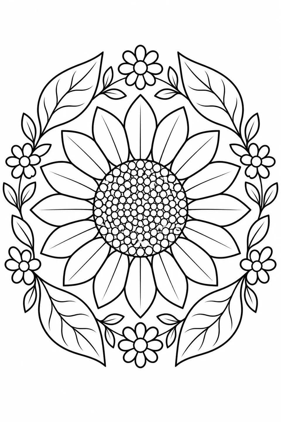 A large sunflower is surrounded by a circle of leaves and daisies.