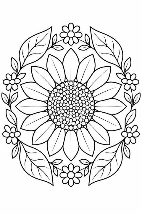 A large sunflower is surrounded by a circle of leaves and daisies.
