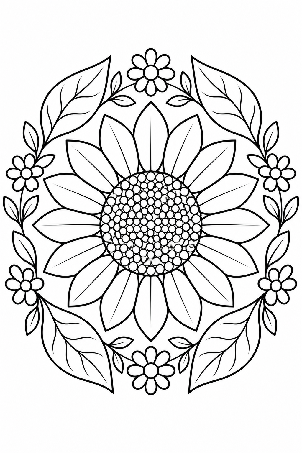 Un grande girasole è circondato da foglie e margherite.