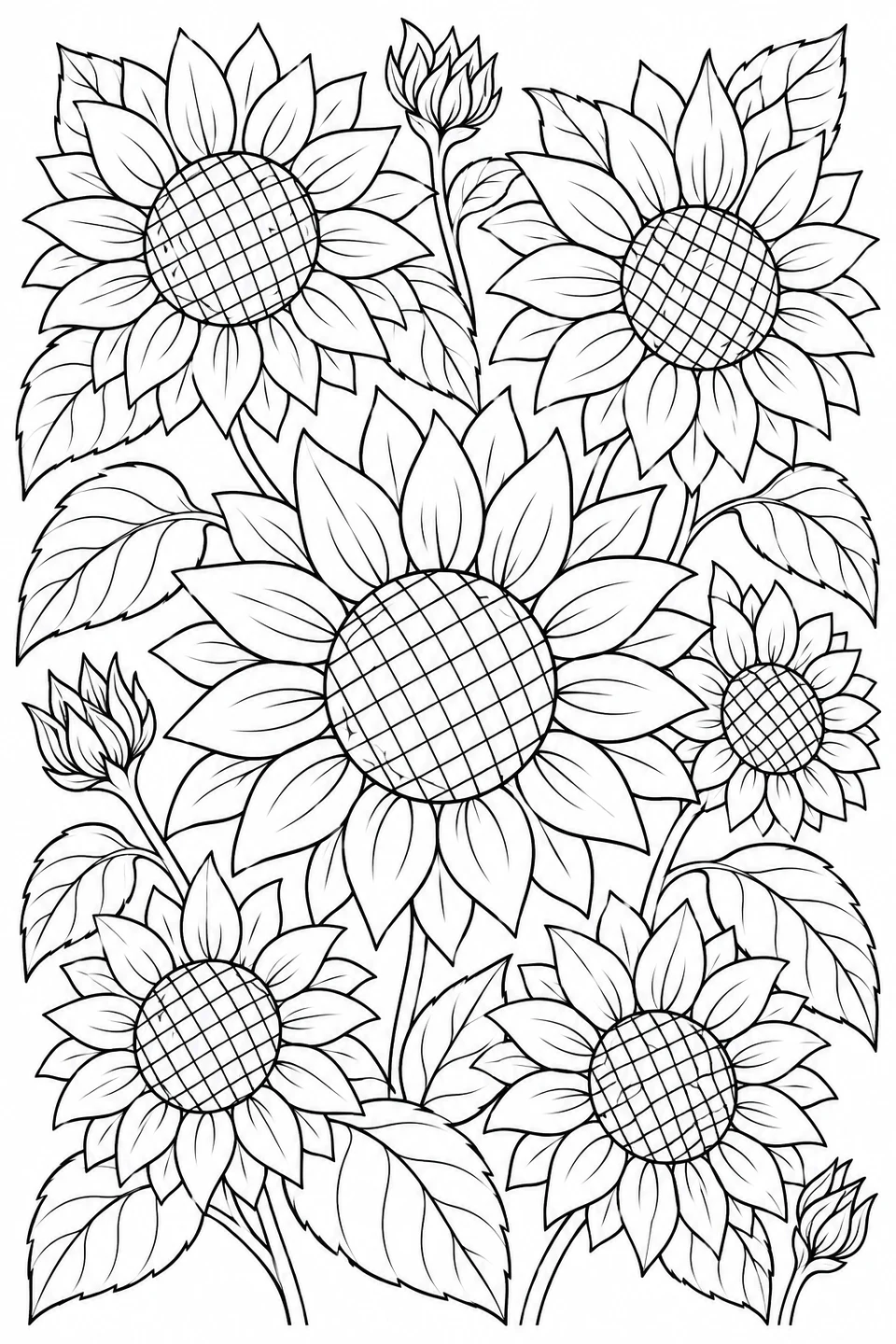 Sunflowers with layered petals and patterned centers nestle among large leaves.