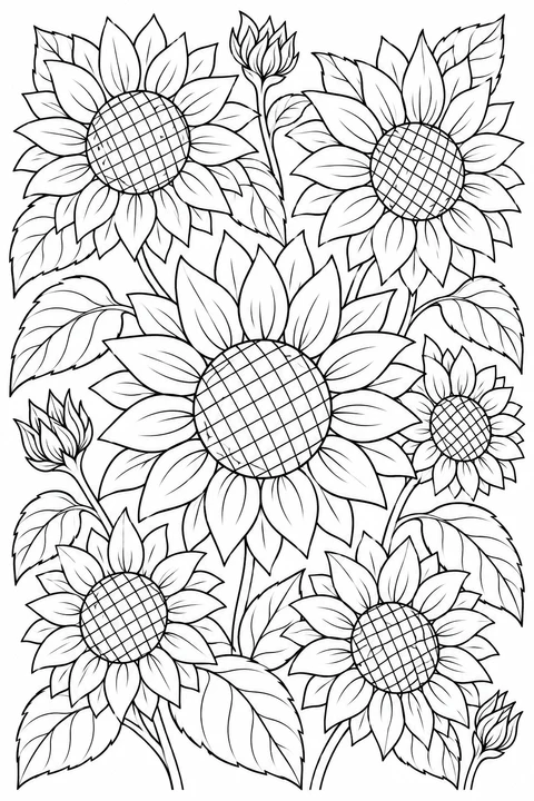 Sunflowers with layered petals and patterned centers nestle among large leaves.