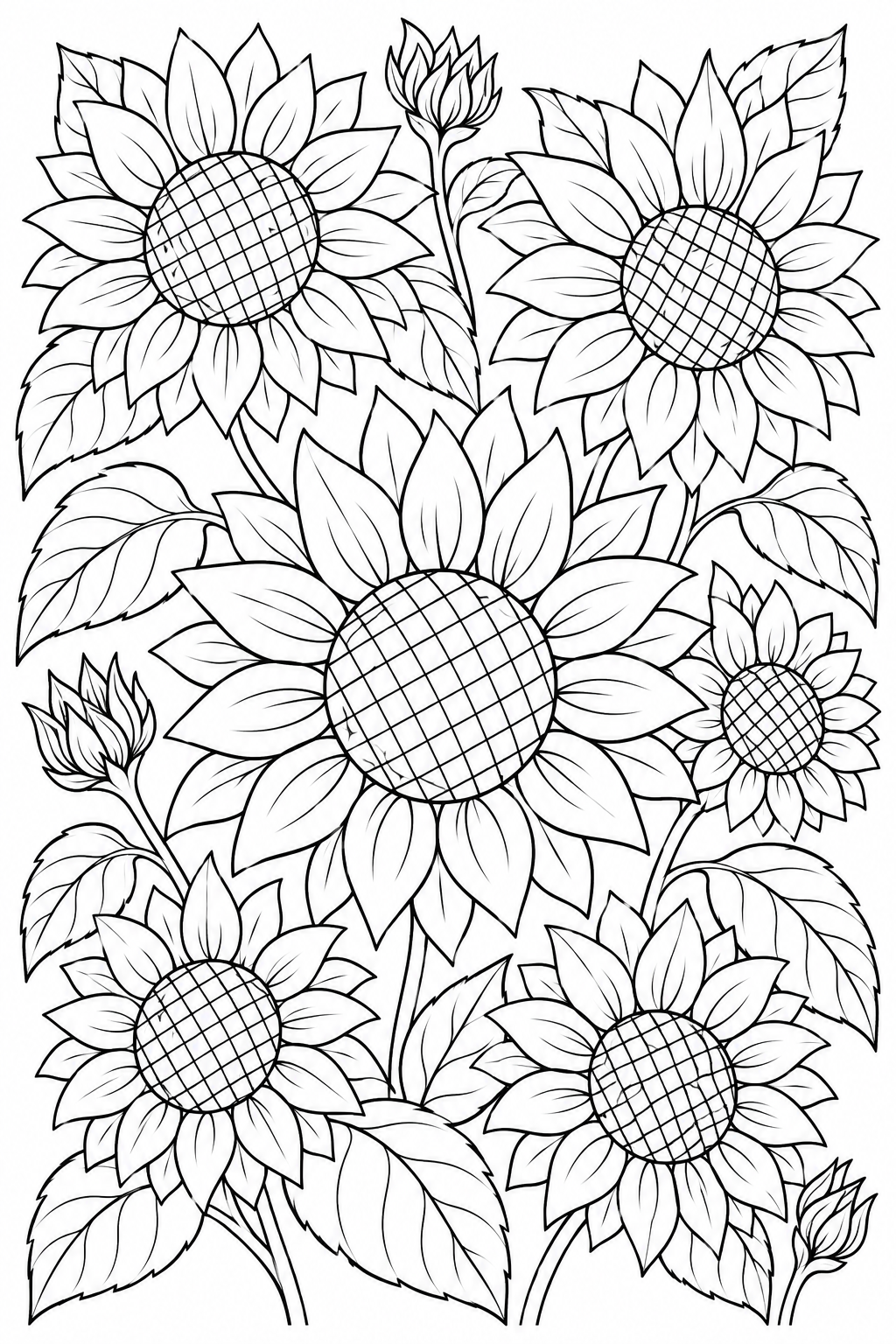 Sunflowers with layered petals and patterned centers nestle among large leaves.