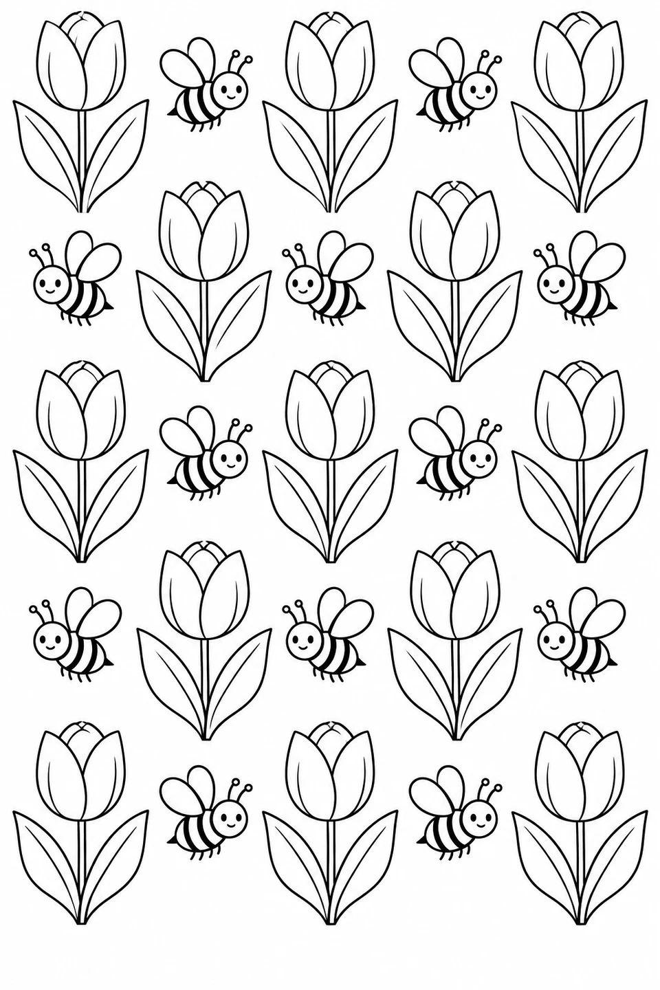 Tulips with wide leaves alternate with little bees in a cheerful repeating pattern.