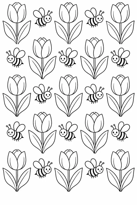 Tulips with wide leaves alternate with little bees in a cheerful repeating pattern.