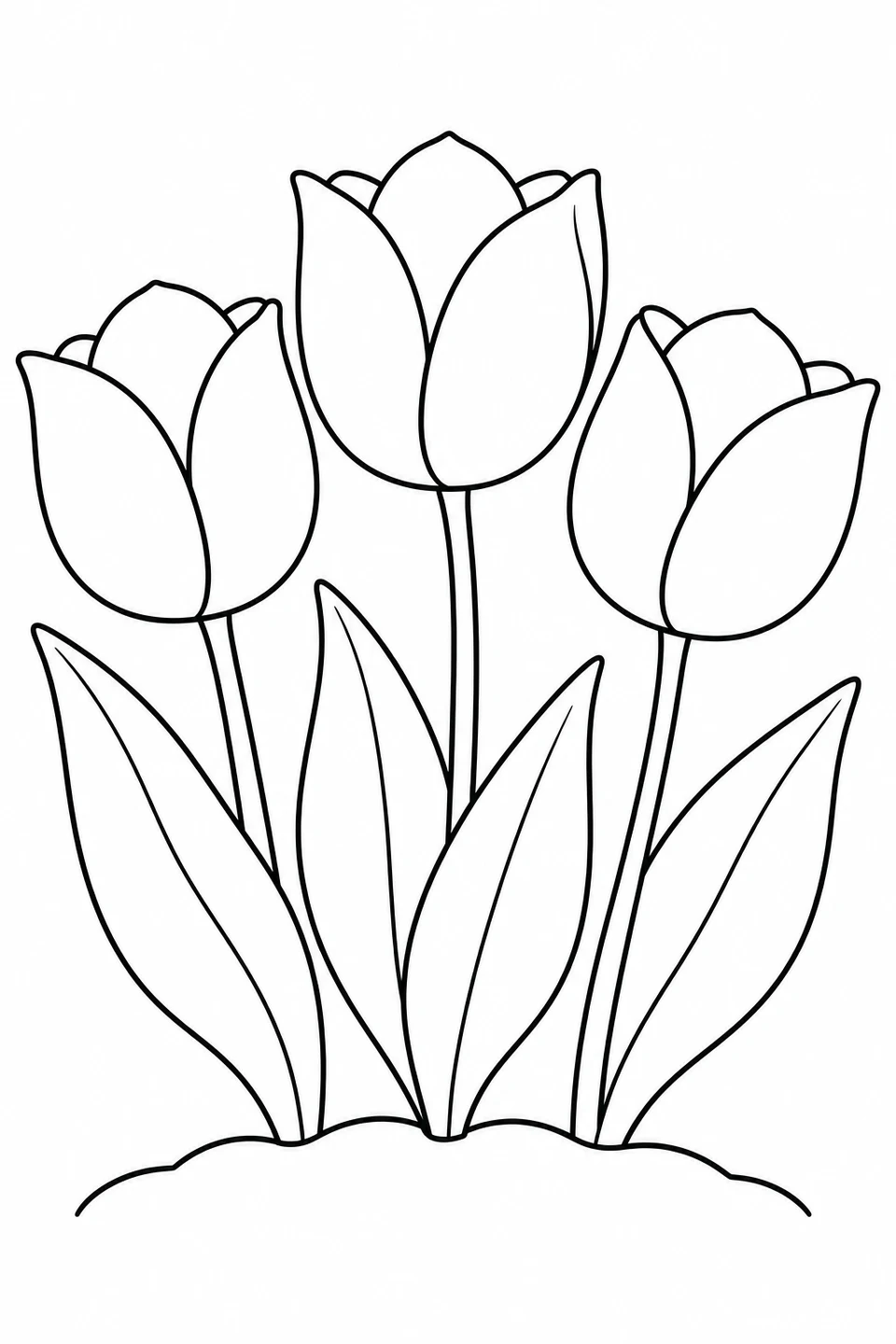 Drie grote tulpen bloeien boven brede bladeren.