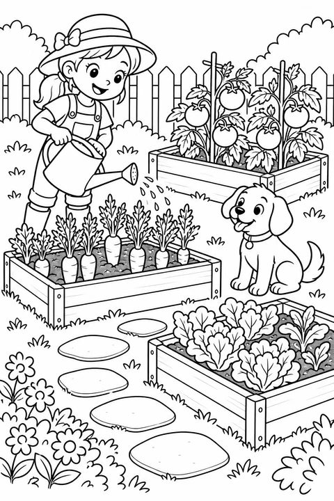 A child waters raised vegetable beds while a dog sits nearby.