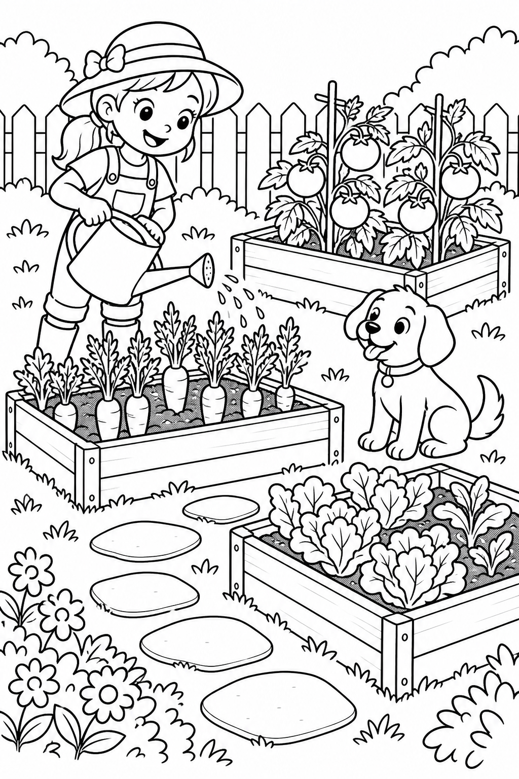 A child waters raised vegetable beds while a dog sits nearby.