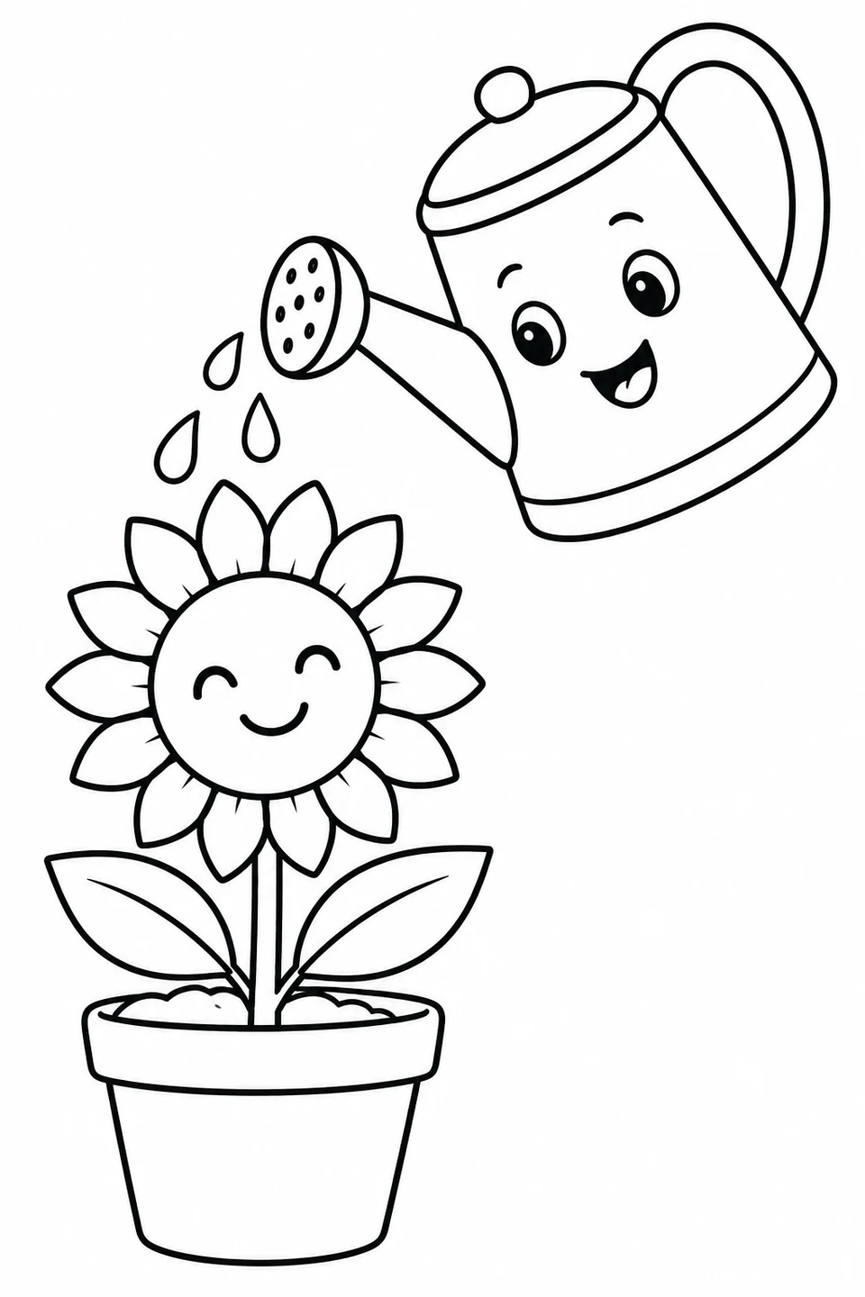 笑顔のじょうろが、鉢に植えたひまわりに水をあげています。