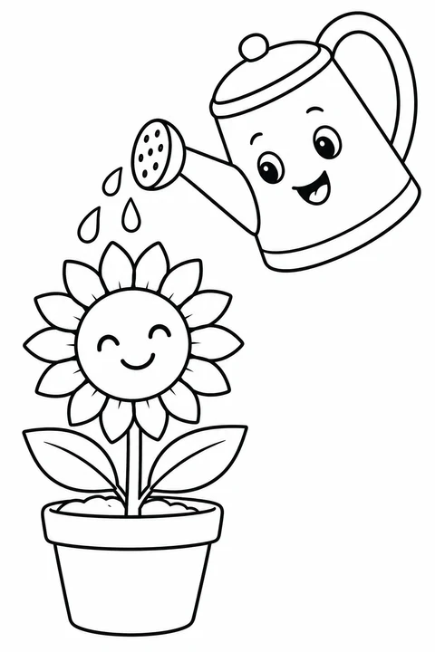 A smiling watering can sprinkles a cheerful sunflower in a pot.