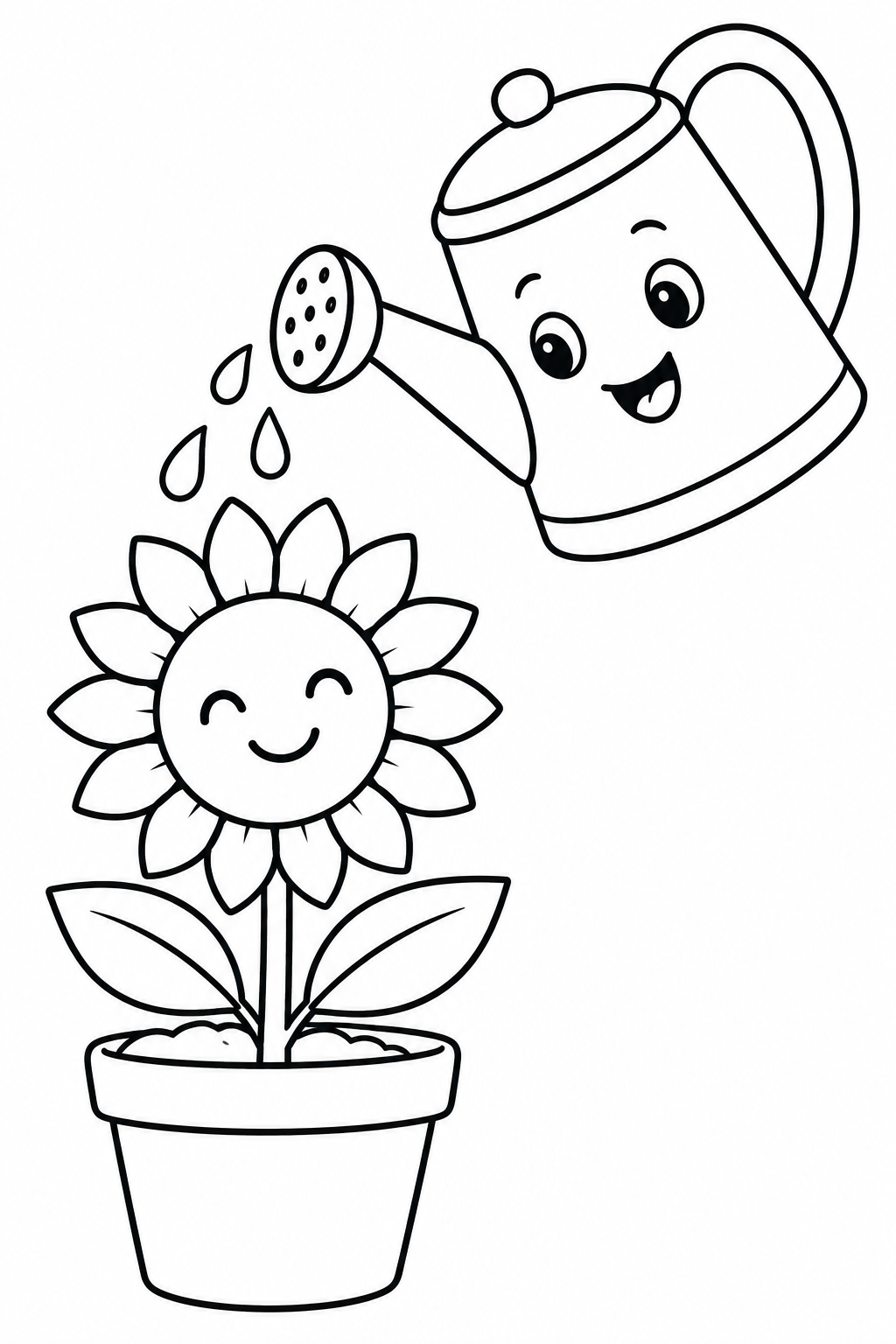 Una regadera sonriente riega un alegre girasol en una maceta.