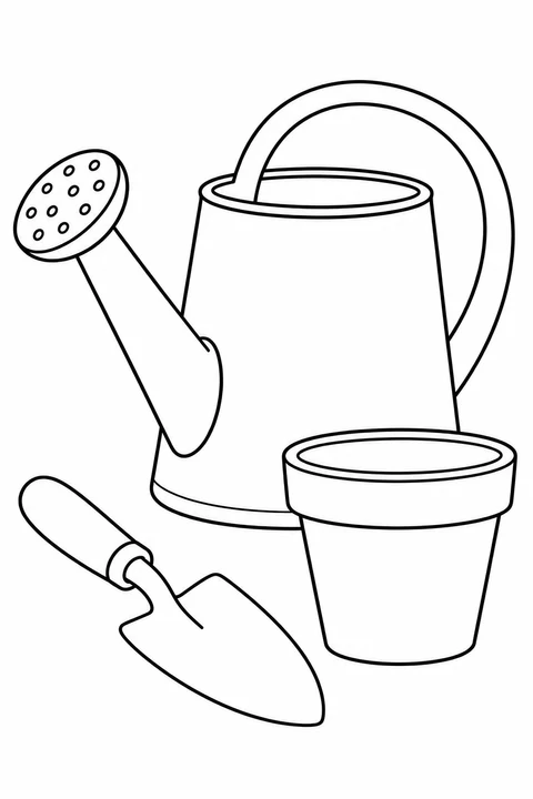 A watering can, a small trowel and a flowerpot are ready for gardening.
