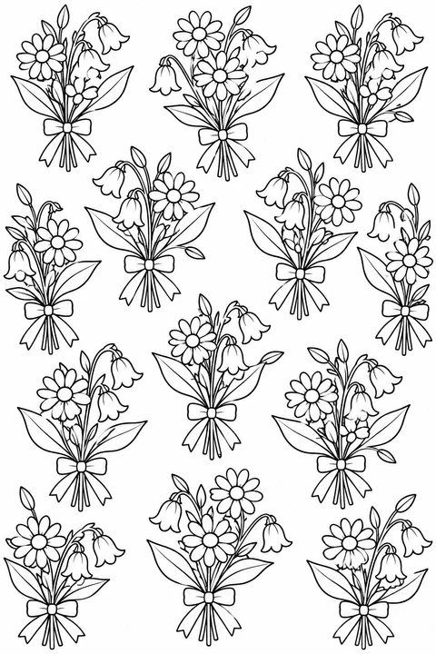 Small bouquets of daisies, bellflowers and leaves are tied with ribbon bows.