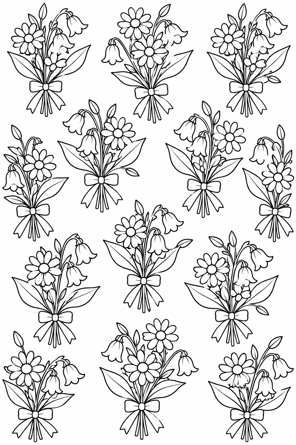 Small bouquets of daisies, bellflowers and leaves are tied with ribbon bows.
