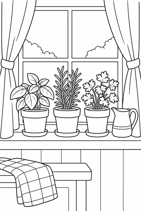 Potted herbs and a small watering jug brighten a cozy kitchen window.