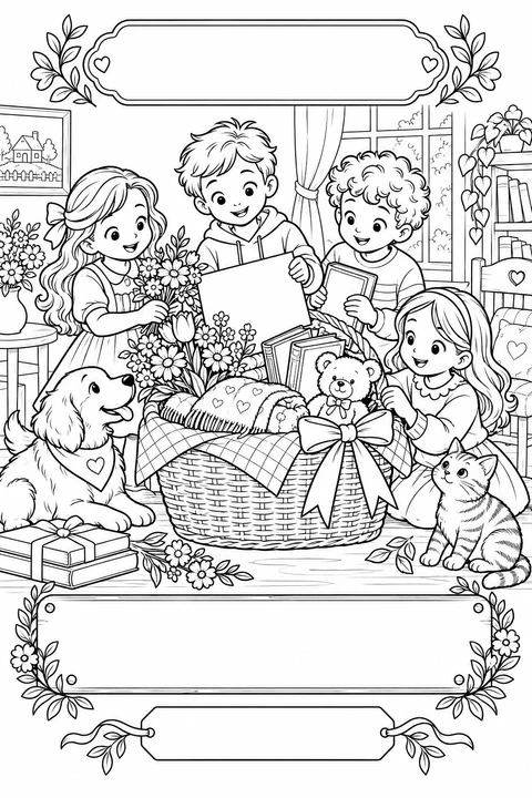 Black-and-white coloring card: Friends prepare a care basket, with three blank writing areas.