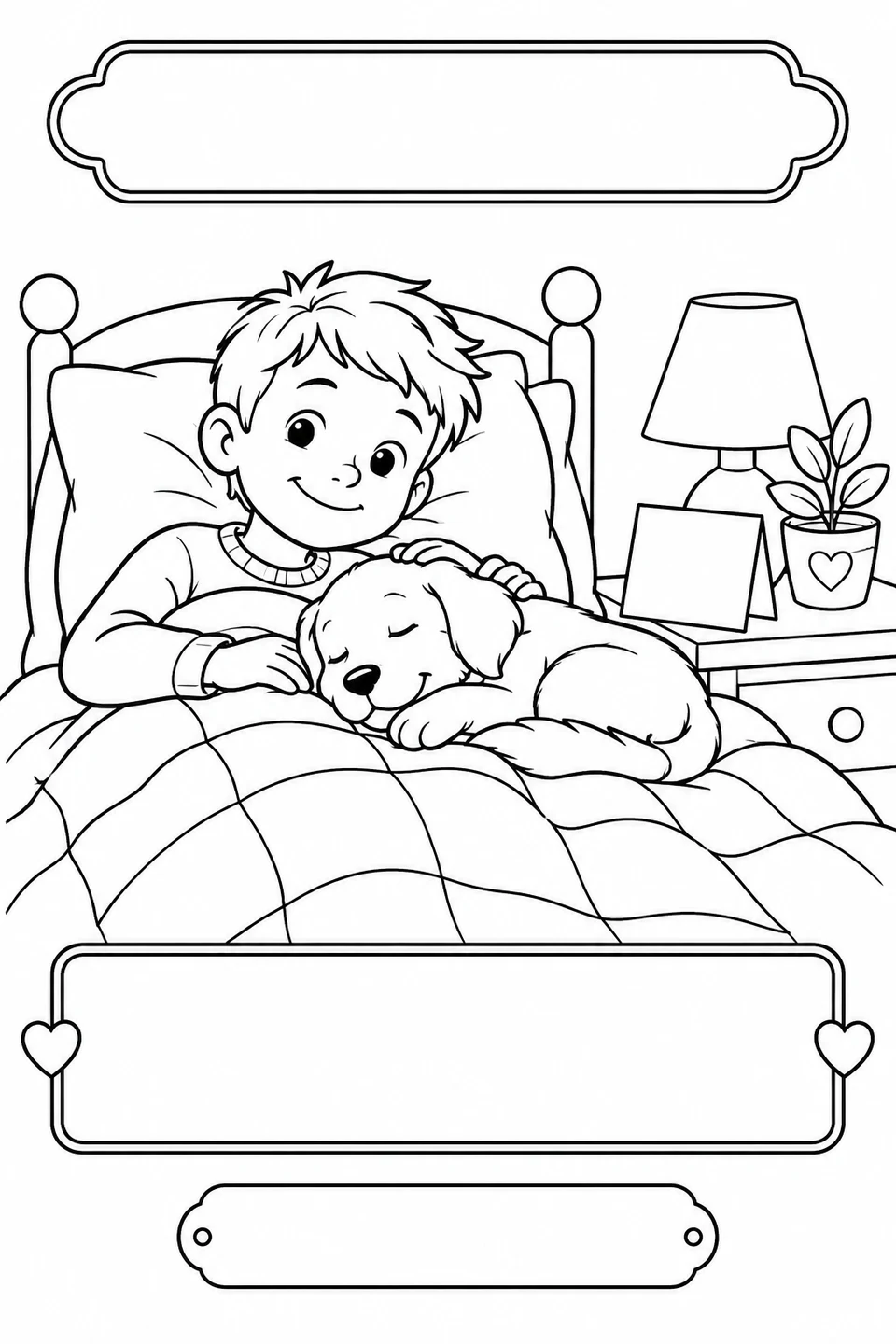 Black-and-white coloring card: Resting with a puppy, with three blank writing areas.