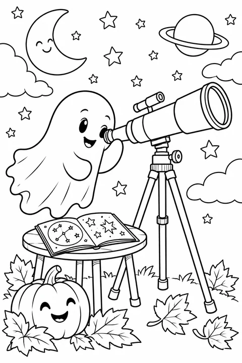 小幽灵正透过望远镜看星星，旁边摆着星图和笑脸南瓜。