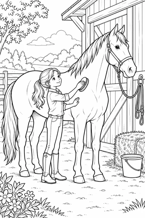 Una bambina spazzola delicatamente un cavallo tranquillo accanto alla stalla, con una balla di fieno e un secchio d’acqua vicini.