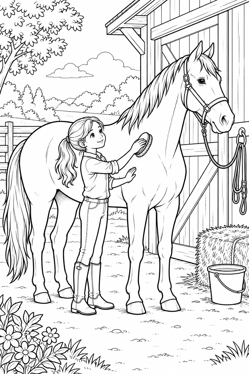 A girl gently brushes a calm horse beside the stable, with a hay bale and water bucket nearby.