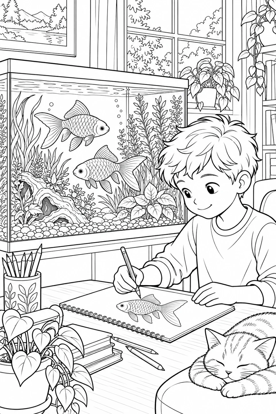 Een jongen tekent een goudvis naast een groot beplant aquarium, met potloden, boeken, kamerplanten en een slapend katje erbij.
