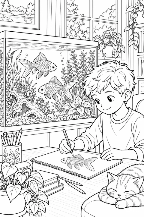 Een jongen tekent een goudvis naast een groot beplant aquarium, met potloden, boeken, kamerplanten en een slapend katje erbij.