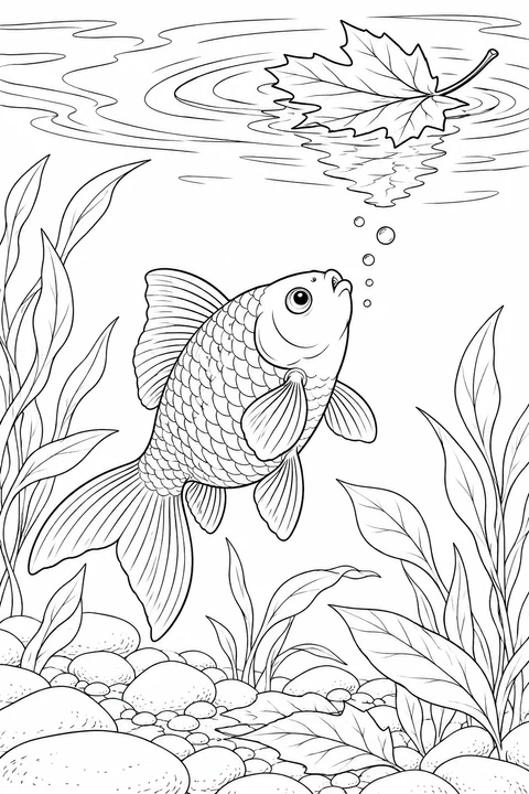 Een goudvis zwemt omhoog onder een drijvend herfstblad en waterkringen, omringd door waterplanten, kiezels en nog een blad op de bodem.