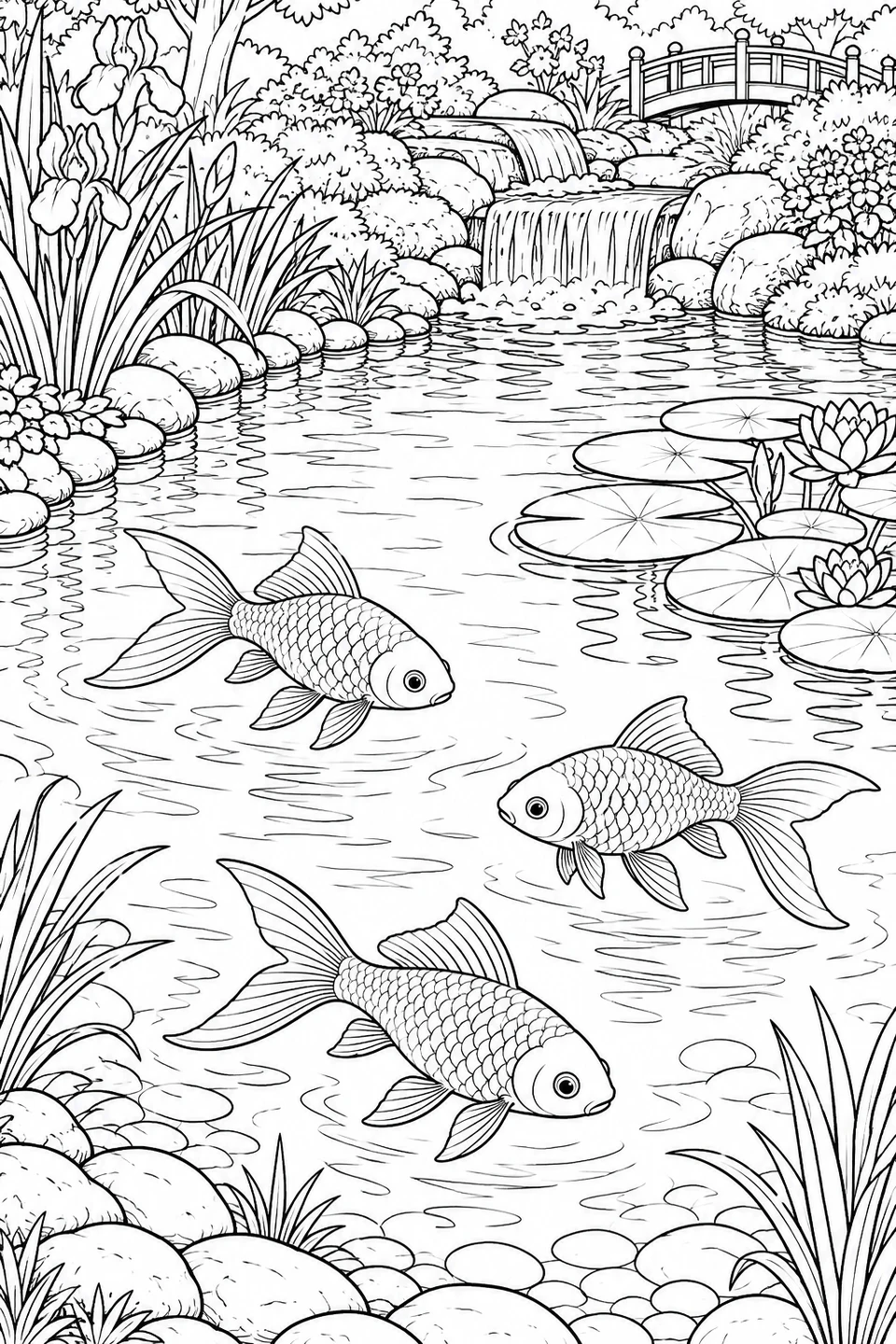 Drie goudvissen zwemmen in een tuinvijver omringd door stenen en bloemen, met waterlelies, een kleine waterval en een houten brug erachter.