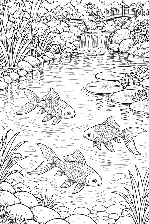 Drie goudvissen zwemmen in een tuinvijver omringd door stenen en bloemen, met waterlelies, een kleine waterval en een houten brug erachter.