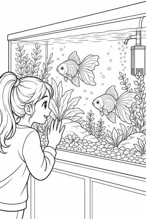 Een glimlachend meisje kijkt door het glas van een ruim aquarium naar twee goudvissen tussen planten, kiezels en belletjes.