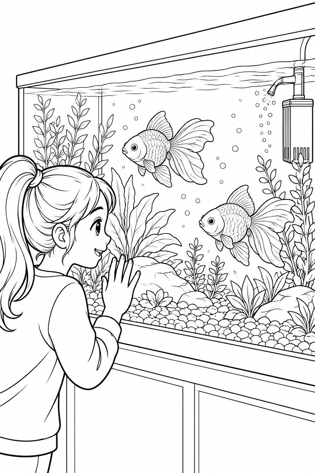 Een glimlachend meisje kijkt door het glas van een ruim aquarium naar twee goudvissen tussen planten, kiezels en belletjes.