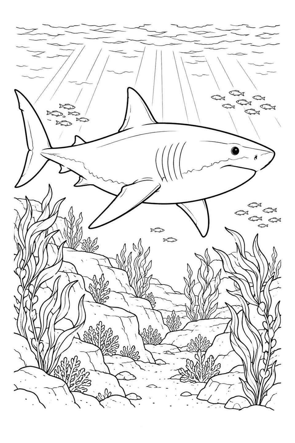 Great White Shark beneath Ocean Sunbeams