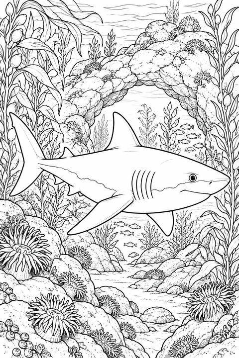 Great White Shark beside a Rock Bridge