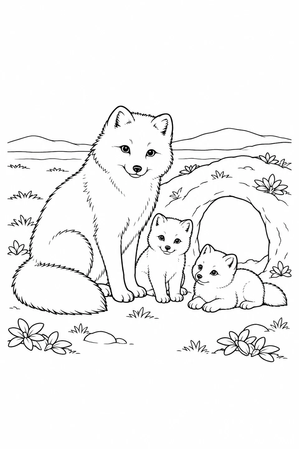 Una volpe artica e due cuccioli riposano accanto a una tana in un piccolo dosso.