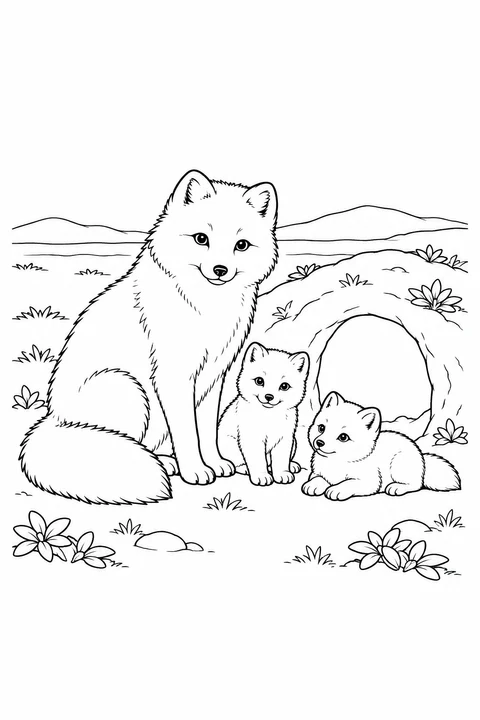 An Arctic fox and two cubs rest beside a hollow in a low mound.