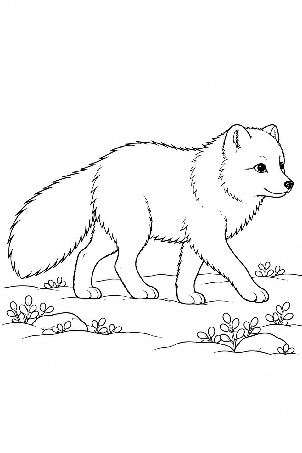 An Arctic fox walks past low plants with its bushy tail stretched behind it.