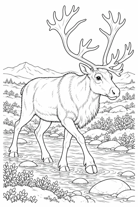 A caribou steps through a shallow stream among low shrubs and distant hills.