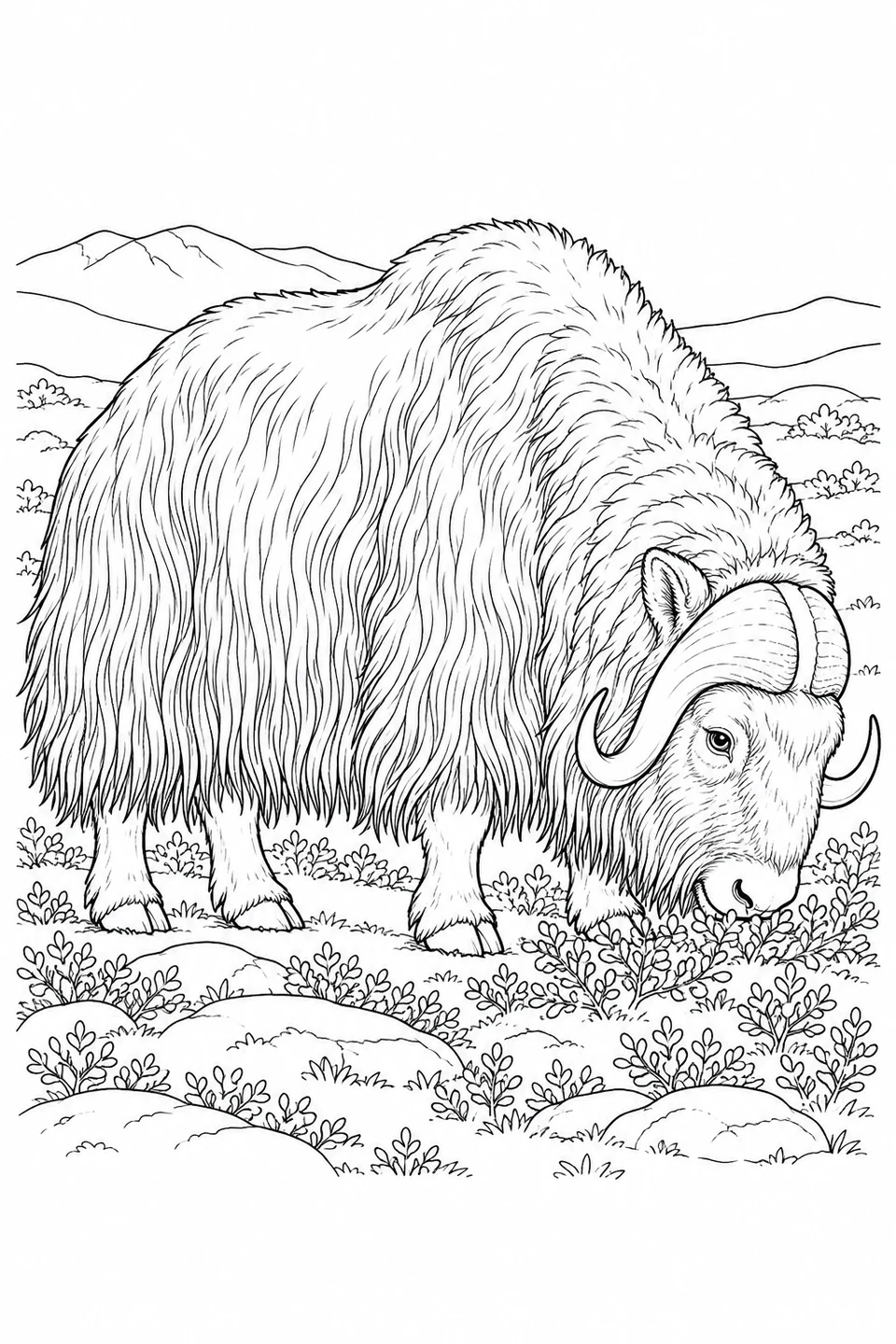 A shaggy muskox bends its head toward low plants, showing its curved horns.