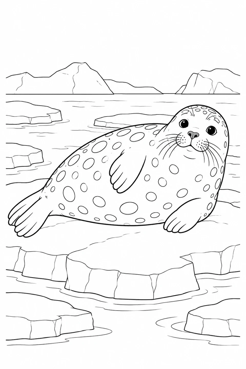 A ringed seal lies on the ice with outlined spots and flippers to color.