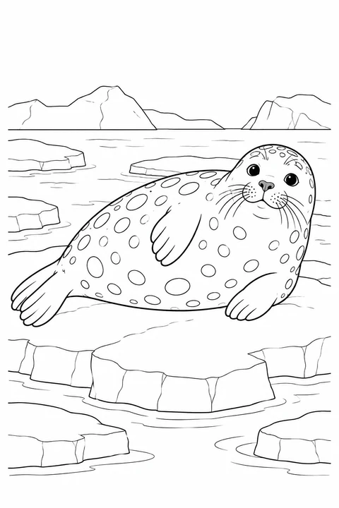 A ringed seal lies on the ice with outlined spots and flippers to color.