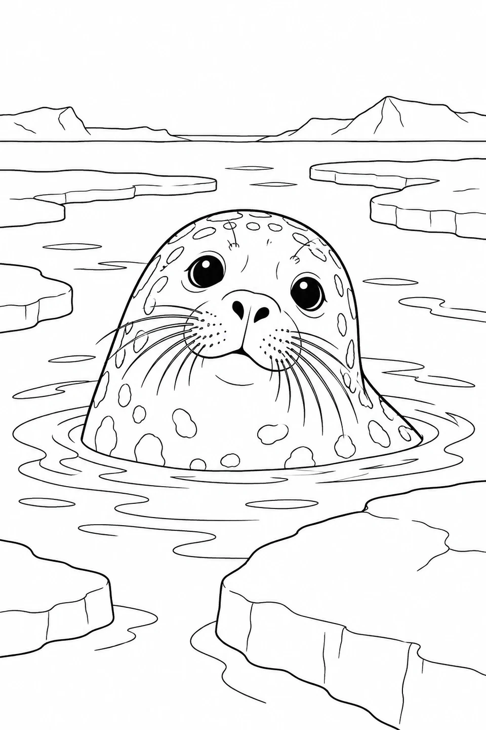 A ringed seal raises its head above calm water between pieces of sea ice.