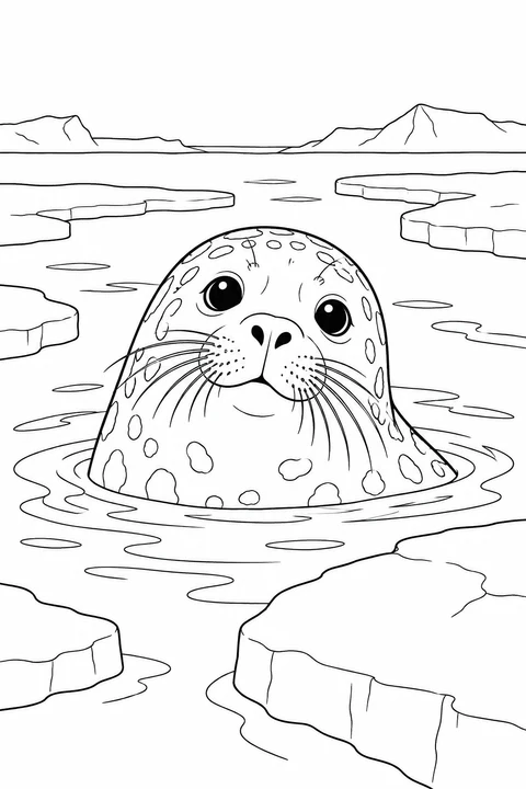 A ringed seal raises its head above calm water between pieces of sea ice.