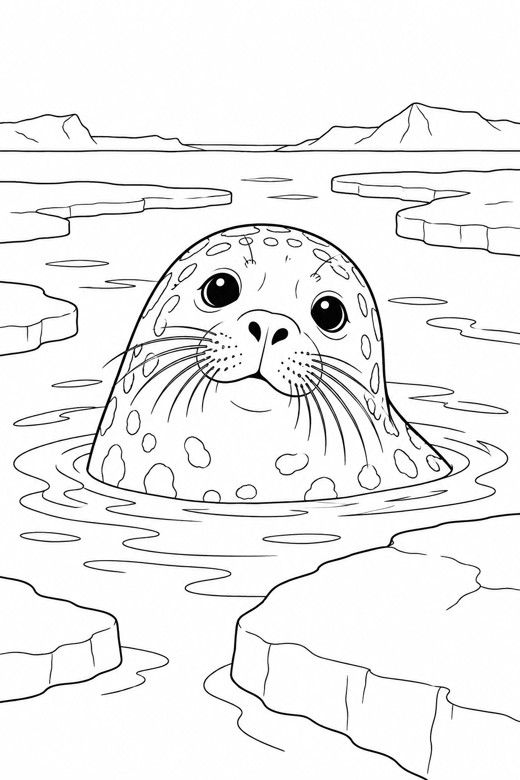 A ringed seal raises its head above calm water between pieces of sea ice.