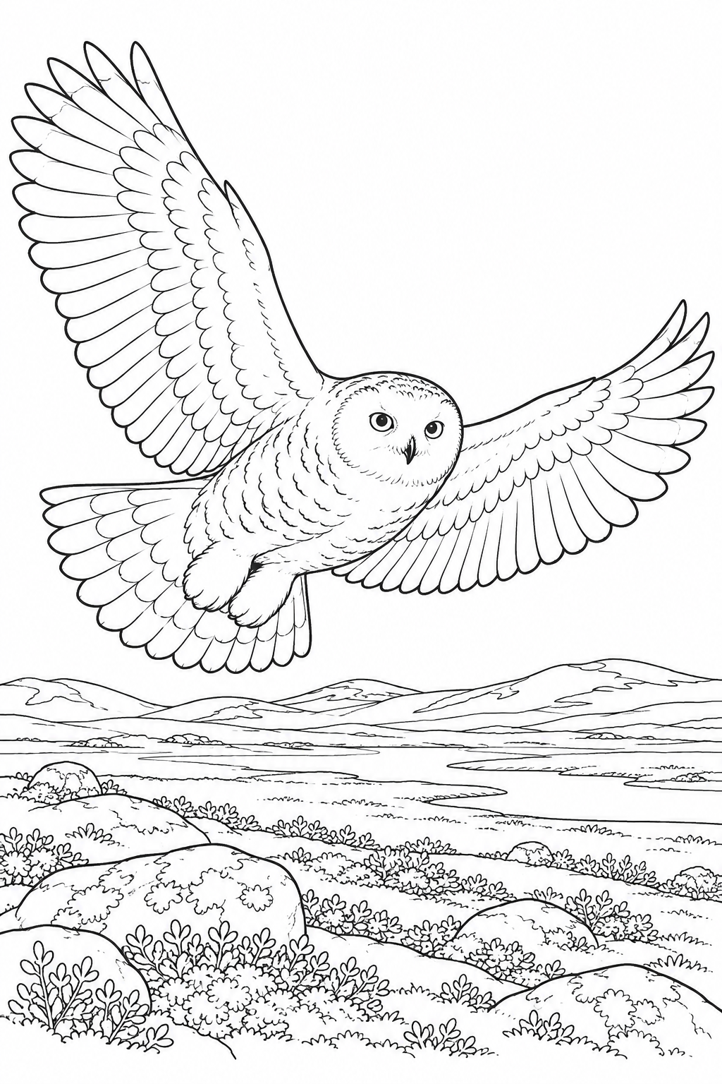 A snowy owl spreads both wings above low tundra plants and distant hills.
