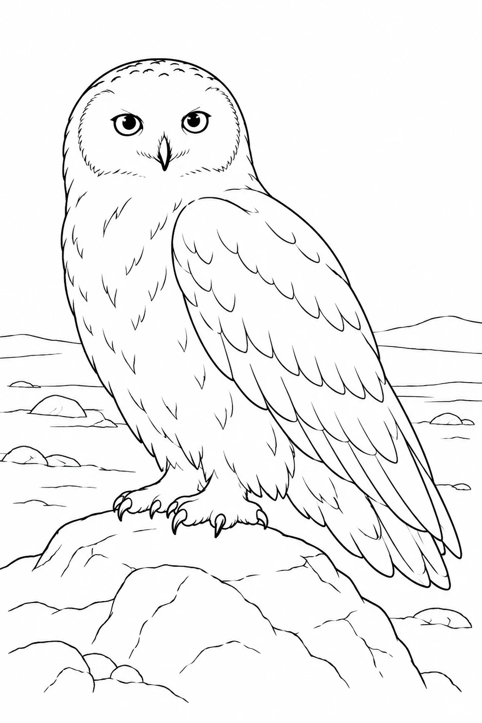 A snowy owl perches on a rock in an open, treeless landscape.