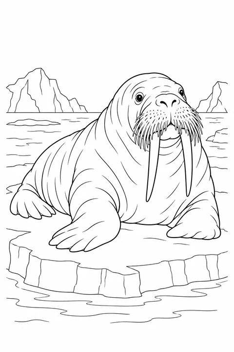 A walrus rests on an ice floe, with two long tusks and a bristly muzzle.